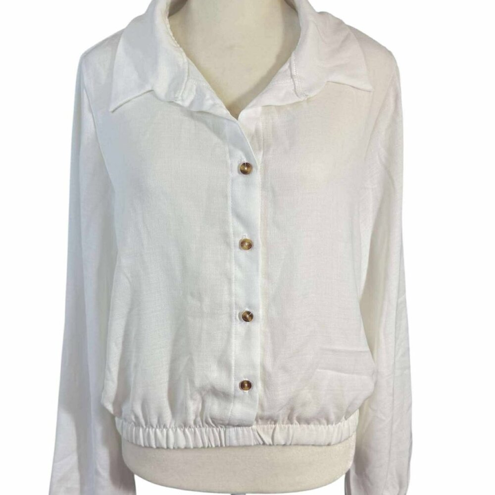 Women's White Long Sleeves Shirt With collar, Size Large, Wild Love